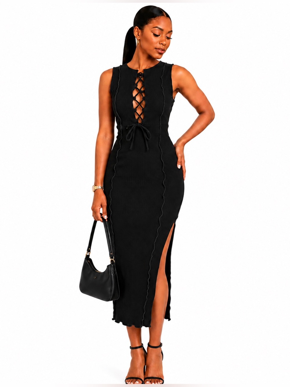 Wild Fable Black Lace-Up Ribbed Midi Dress